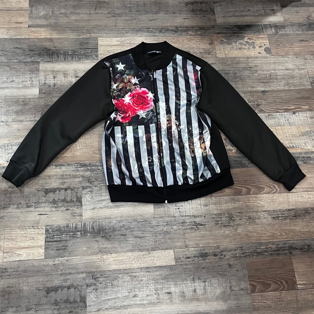 Kayden K Mens XL Bomber Jacket Black Floral Rose Stars Stripes Graphic Full Zip